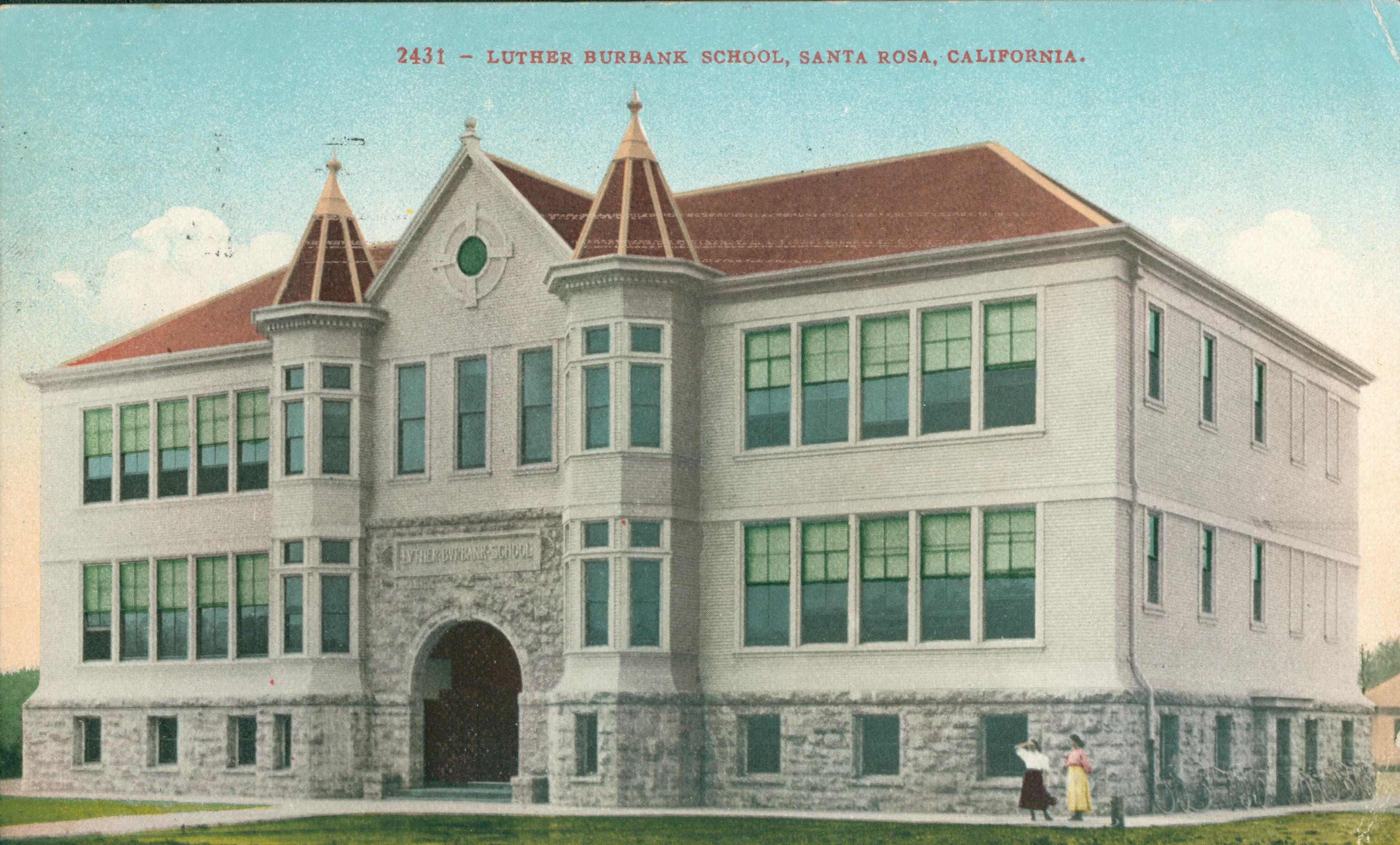 Shows a corner view of Luther Burbank school